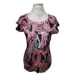 Bay Studio Red & Black Paisley Print Short Sleeved Blouse Shirt | Size Petite S